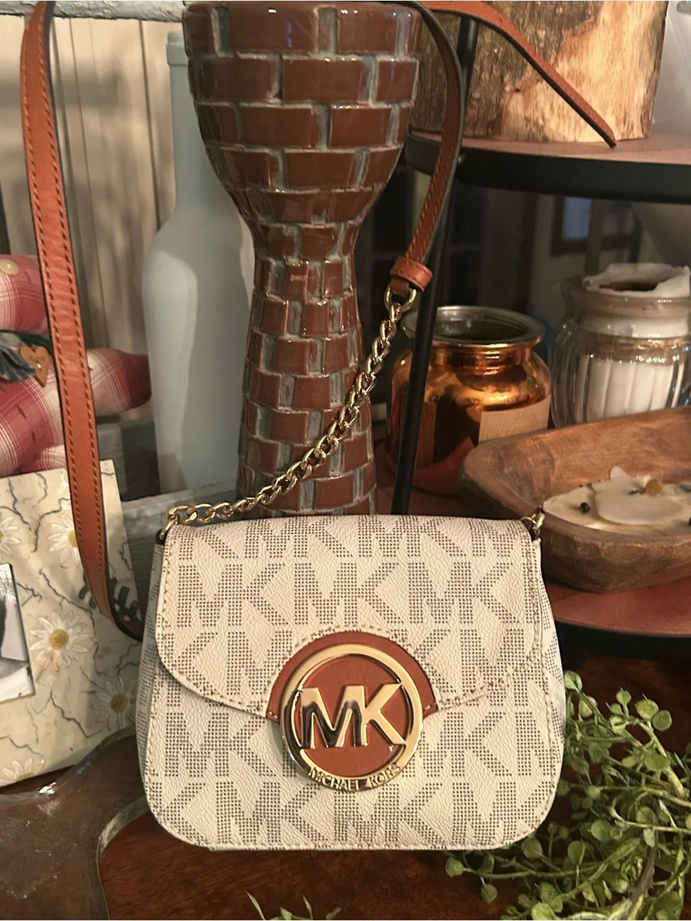 Michael Kors Cream and Tan MK Logo Crossbody Bag